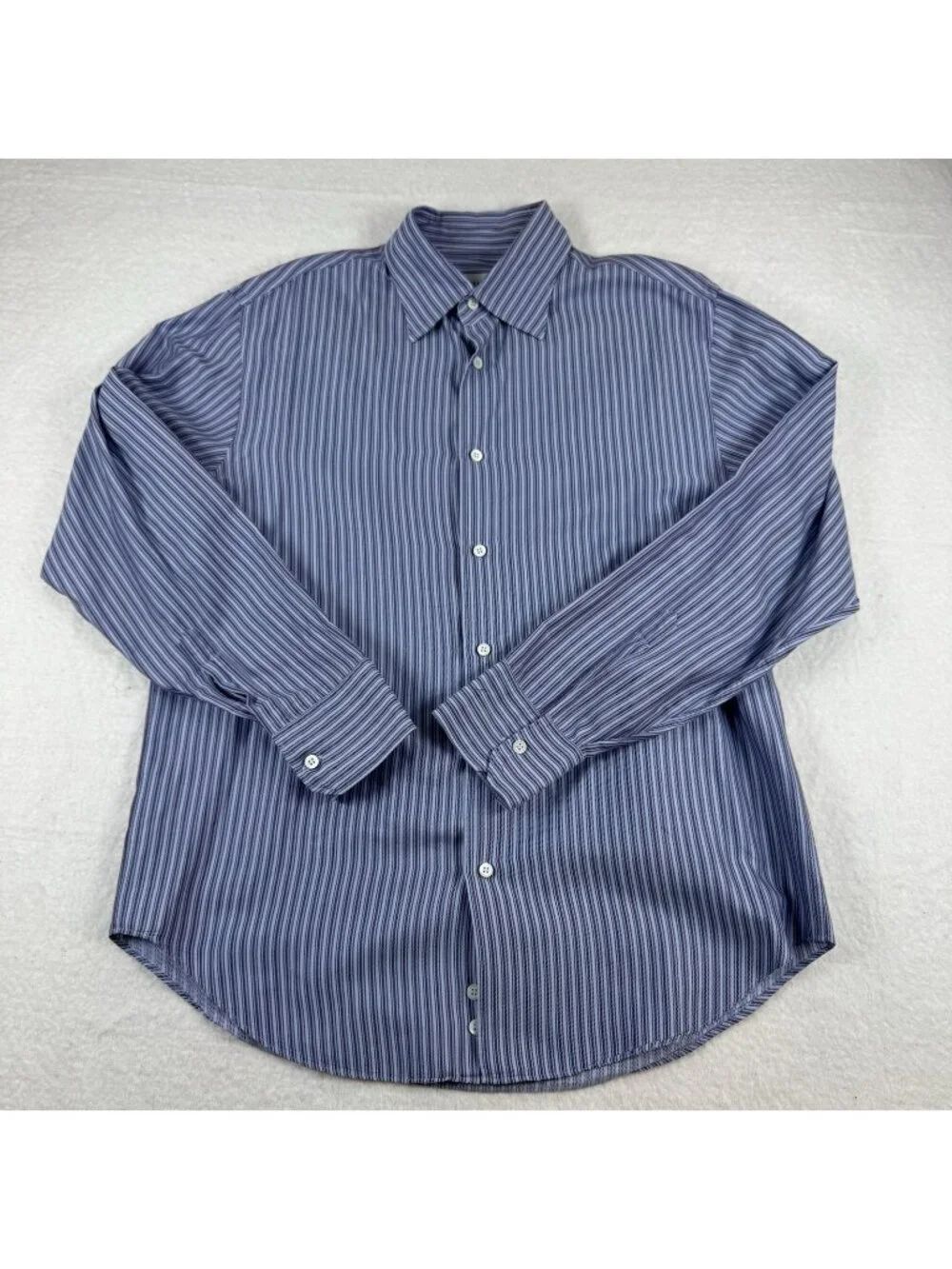 Armani Collezioni Shirt Mens Size L Blue Striped Cotton Dress Classic Fit